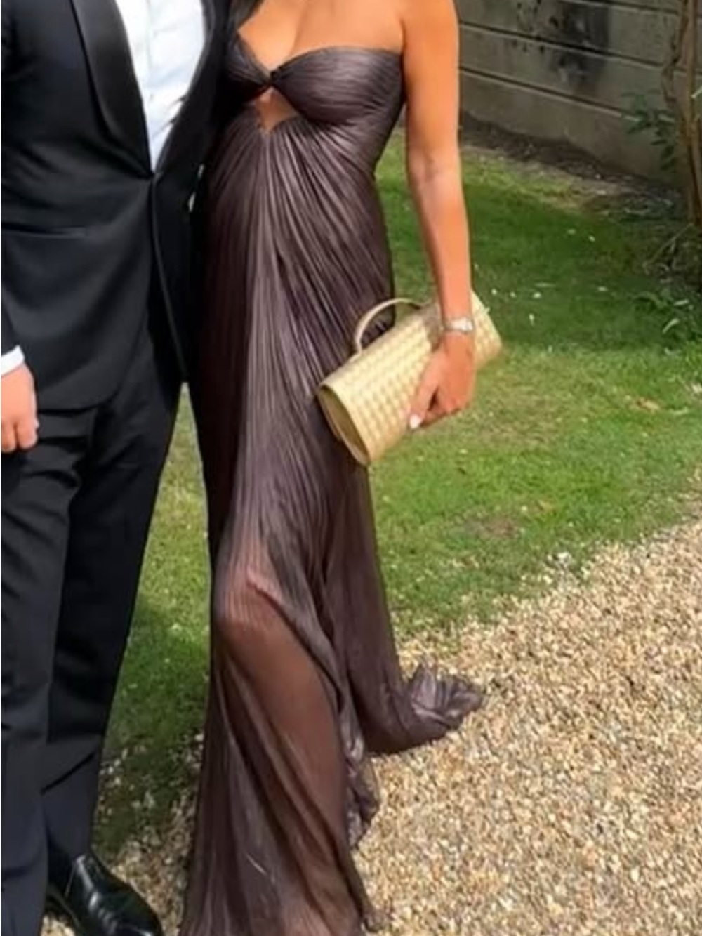 Strapless Metallic Brown Pleated Prom Gown